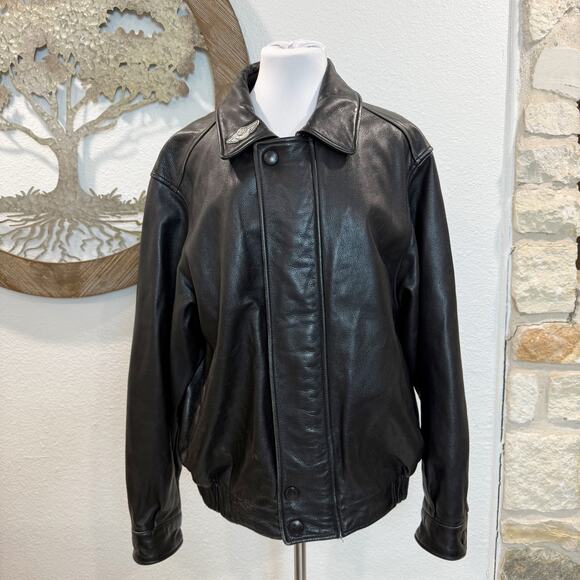 Vintage Eddie Bauer Leather Bomber Jacket Black Medium + Harley Davidson Pin - Picture 1 of 15